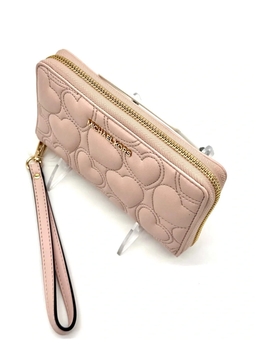 Michael Kors Large Quilted Heart Flat MF Phone Case Wallet Powder Blush